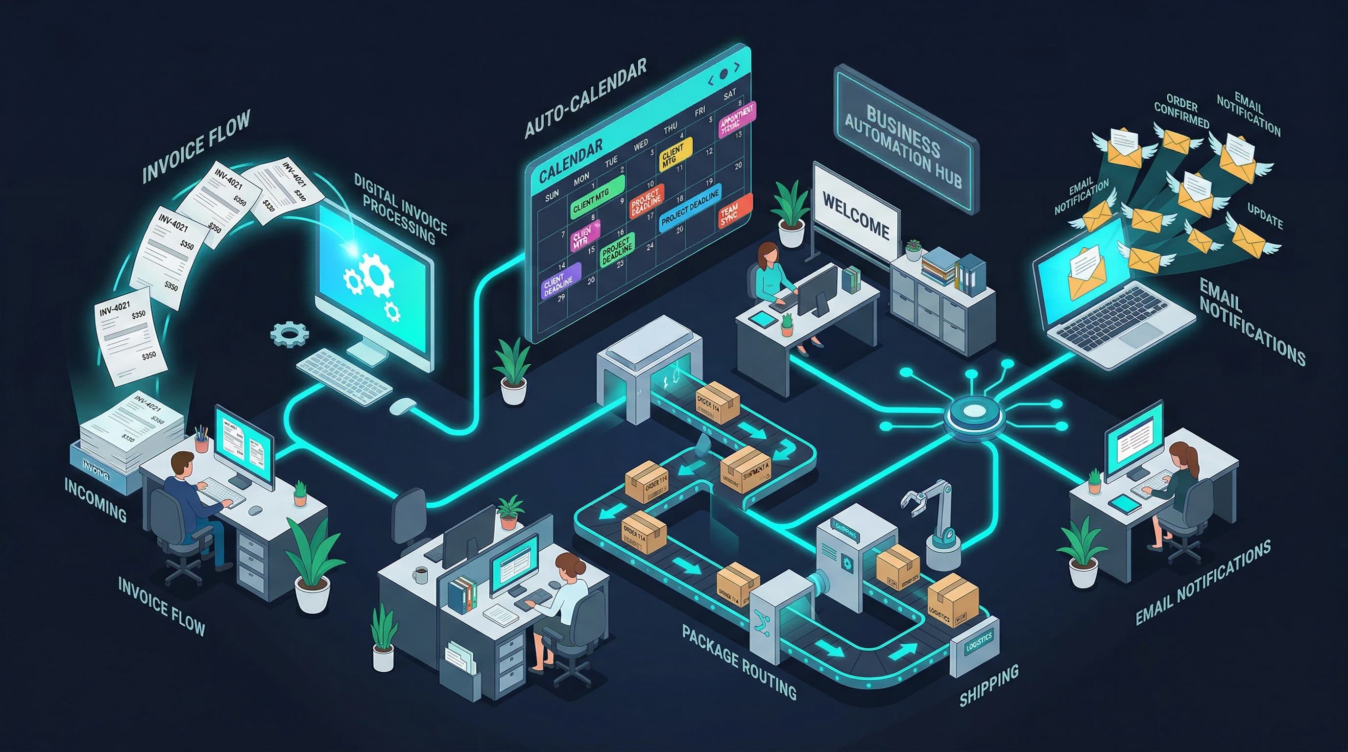 Illustration of automated small business tasks including invoicing, scheduling, order routing, and customer communications